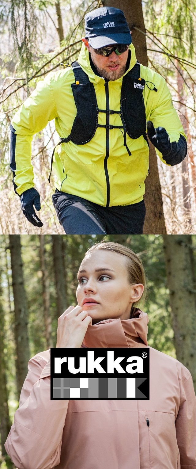Zwei Outdoor-Jacken: eine leuchtend gelbe leichte Jacke mit Reißverschlüssen und Taschen an einem laufenden Mann und eine weiche rosa Jacke mit hohem Kragen an einer Frau.