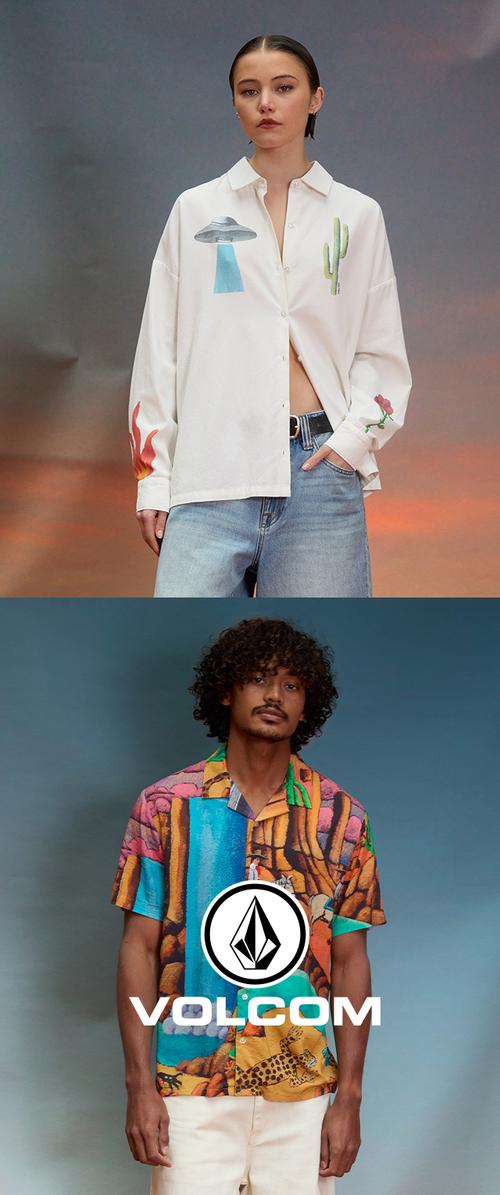 Mujer con camisa blanca con estampados de cactus, OVNI, flores y llamas, y hombre con camisa de manga corta colorida con diseños de naturaleza y animales.