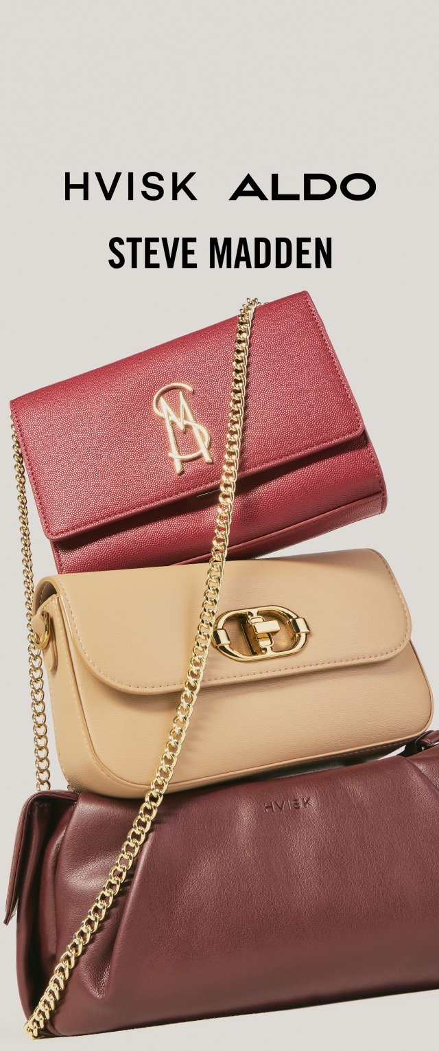 Three stacked designer handbags in red, beige, and burgundy with gold chain straps, featuring logos from Hvisk, Aldo, and Steve Madden.