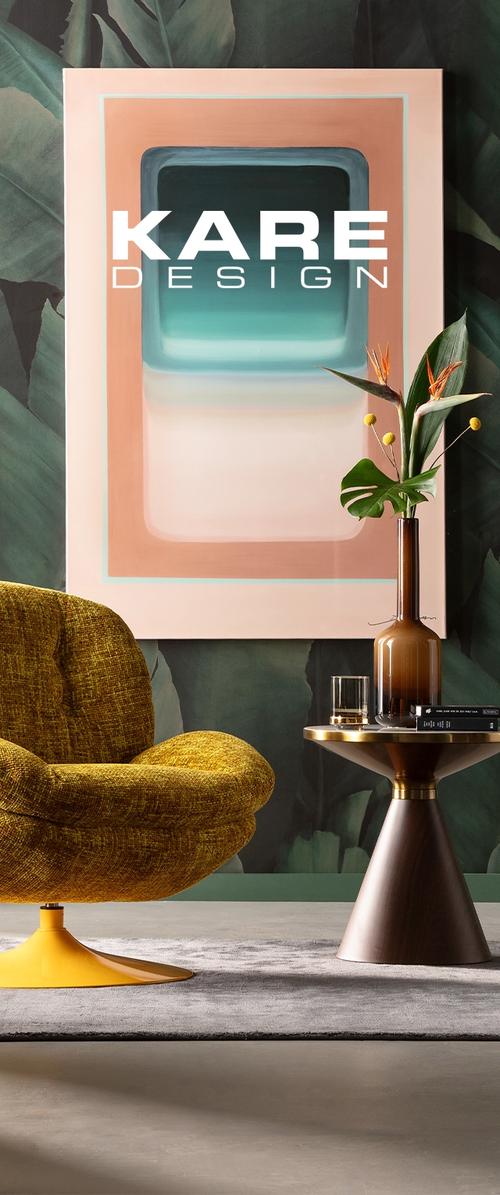 Yellow upholstered chair with a round base, geometric coffee table, brown vase with green leaves, and a large abstract painting in soft colors.