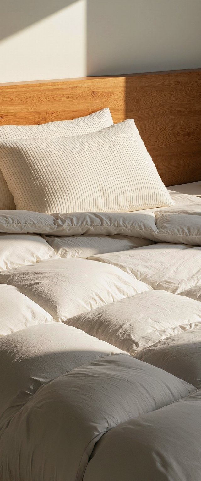 Edredón blanco acolchado con textura suave, acompañado de almohadas color crema con costillas, situado frente a un cabecero de madera clara.