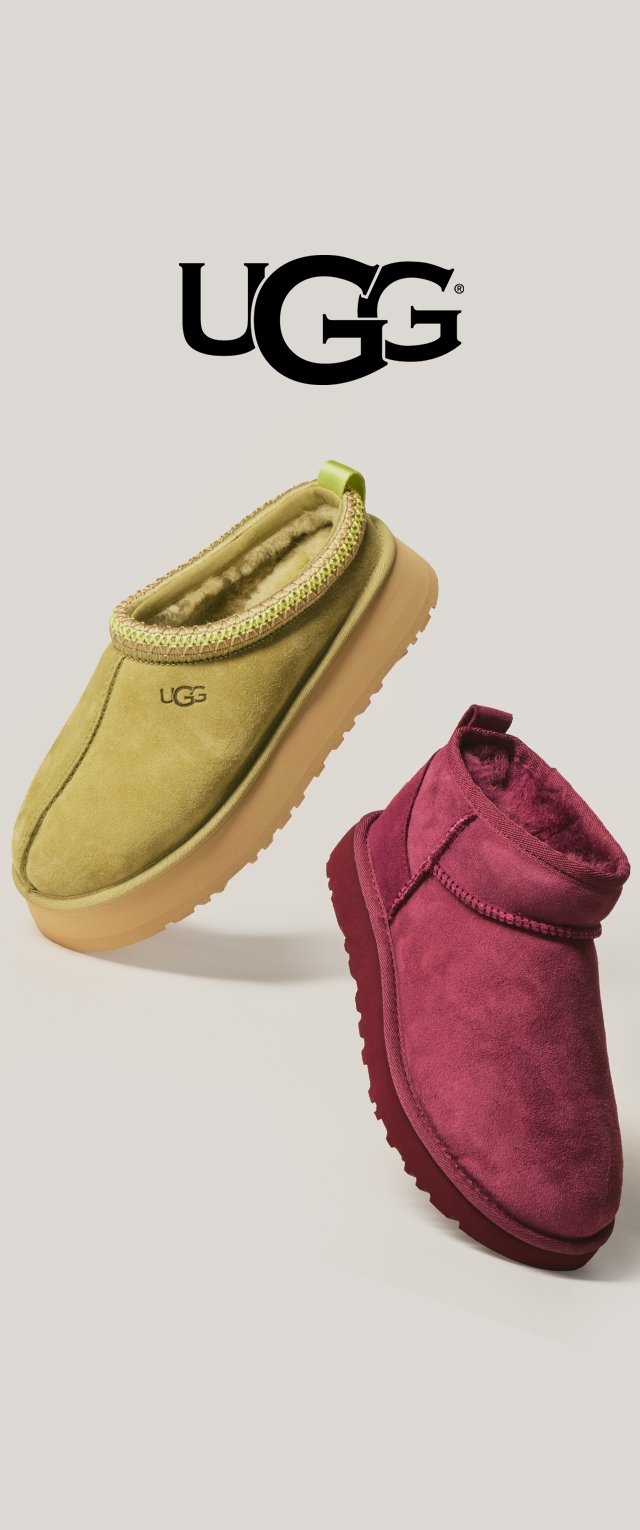Green slip-on shoe with fur lining and a decorative strap; pink ankle boot with soft suede, rounded toe, and textured rubber sole. UGG logo displayed.