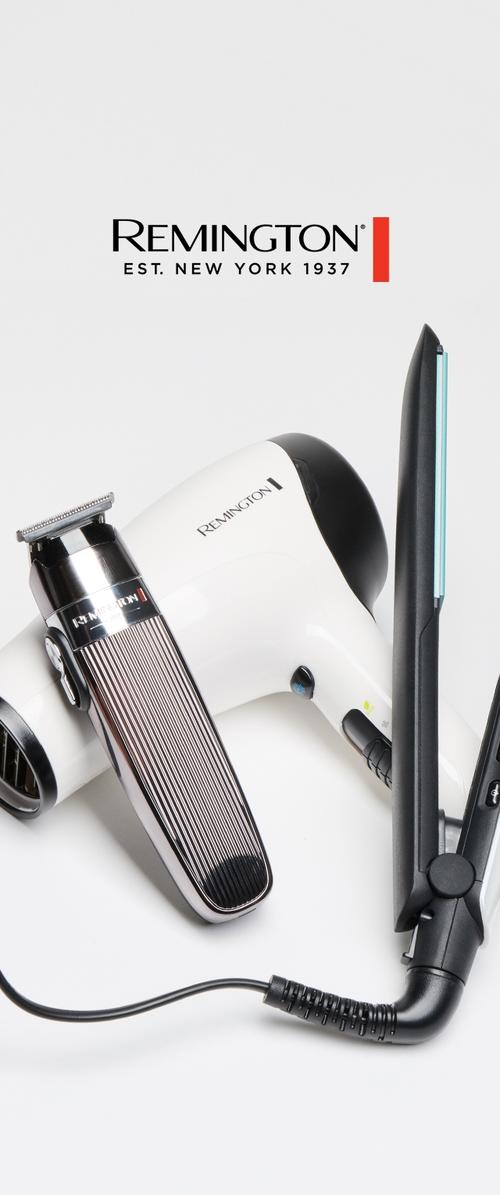 Remington Haartrockner in Weiss mit schwarzen Akzenten, ein verchromter Trimmer mit geriffelter Textur und ein schwarzes Glätteisen mit hellblauen Akzenten.