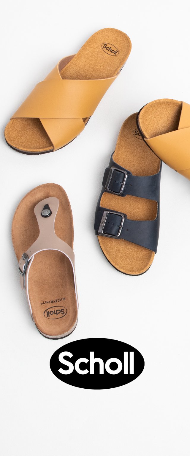 Tres pares de sandalias Scholl: un par marrón con tiras cruzadas, otro par beige con entrepirminas, y un par azul oscuro con dos hebillas. Plantillas texturizadas.