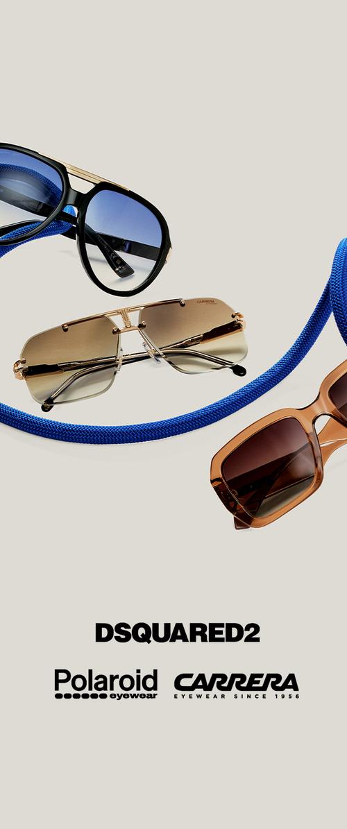 Tres pares de gafas de sol con monturas negras, doradas y marrones, arregladas con un cordón azul, con los logotipos de DSQUARED2, Polaroid y Carrera debajo.
