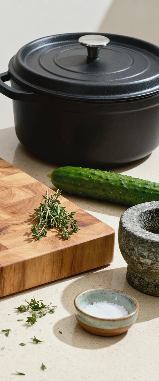 Juodas ketaus puodas su sidabriniu mygtuku, medinis pjaustymo lenta, šviežias agurkas, čiobreliai, mažas mėlynas indelis su druska ir pilkas akmeninis grindiklis.