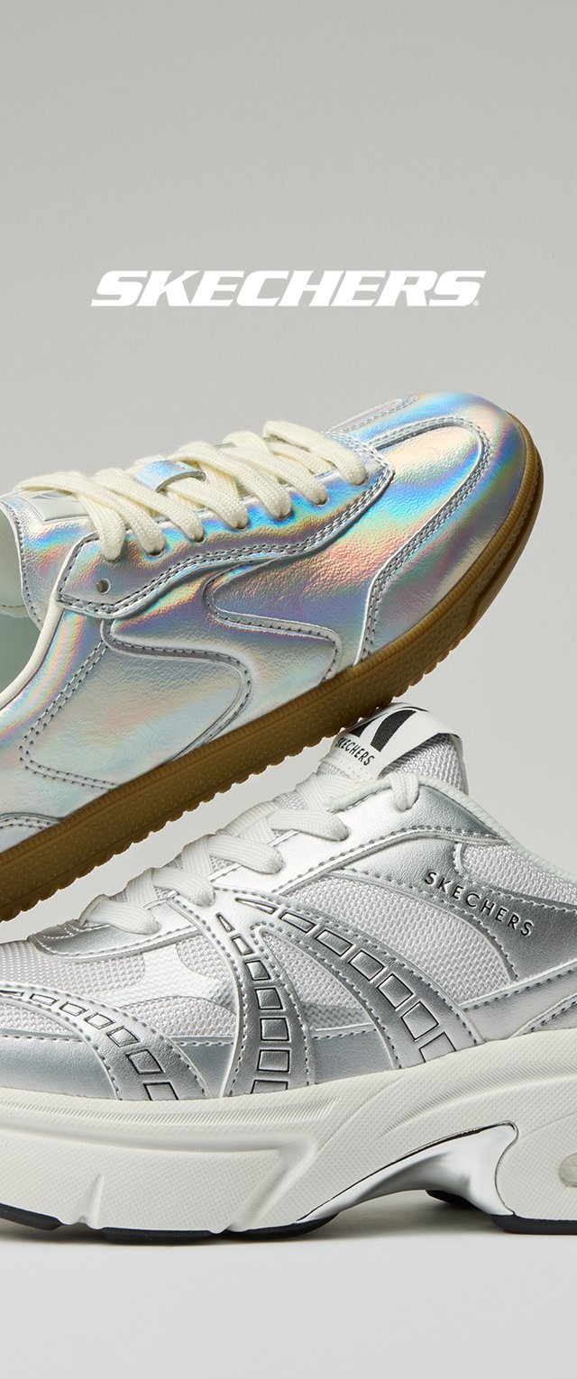 SKECHERS shoes: one is iridescent with a white base and rubber sole, the other is metallic silver with geometric detailing and cushioned sole.