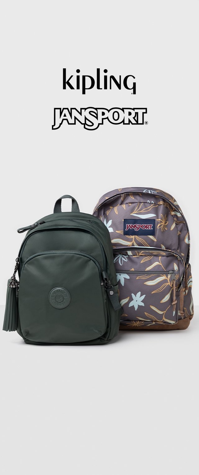 Sac à dos Kipling en nylon vert, de forme arrondie et avec un détail de frange ; sac à dos Jansport gris avec un motif floral et une poche avant.