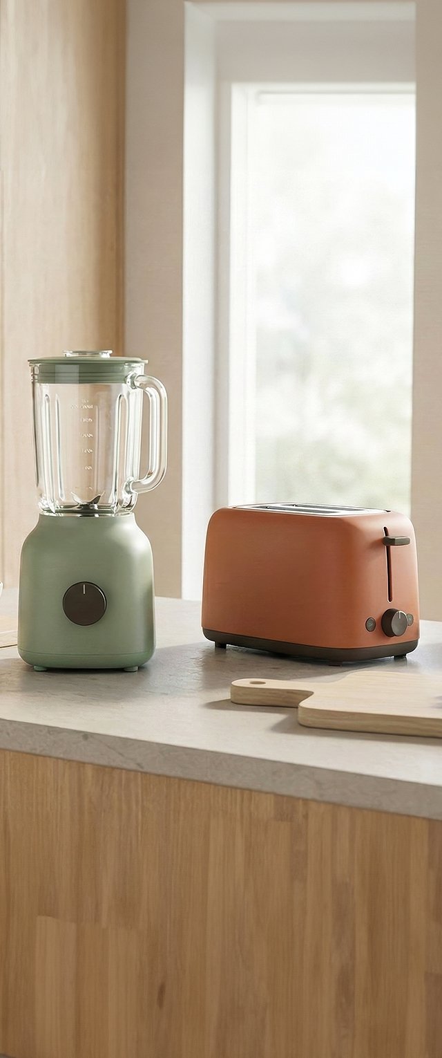 Mixeur vert et grille-pain orange placés sur le plan de travail de la cuisine près de la fenêtre, avec une planche à découper en bois au premier plan.