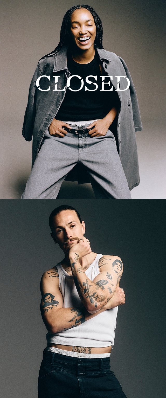 Dos modelos: una mujer con un abrigo gris, camiseta negra y jeans grises; un hombre con una camiseta sin mangas blanca y jeans negros, mostrando tatuajes.