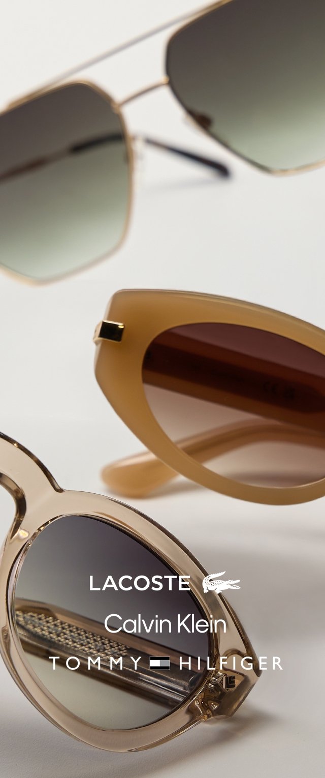 Drei Paare Sonnenbrillen mit getönten Gläsern in verschiedenen Rahmenstyles auf weißem Hintergrund, mit Lacoste-, Calvin Klein- und Tommy Hilfiger-Logos.