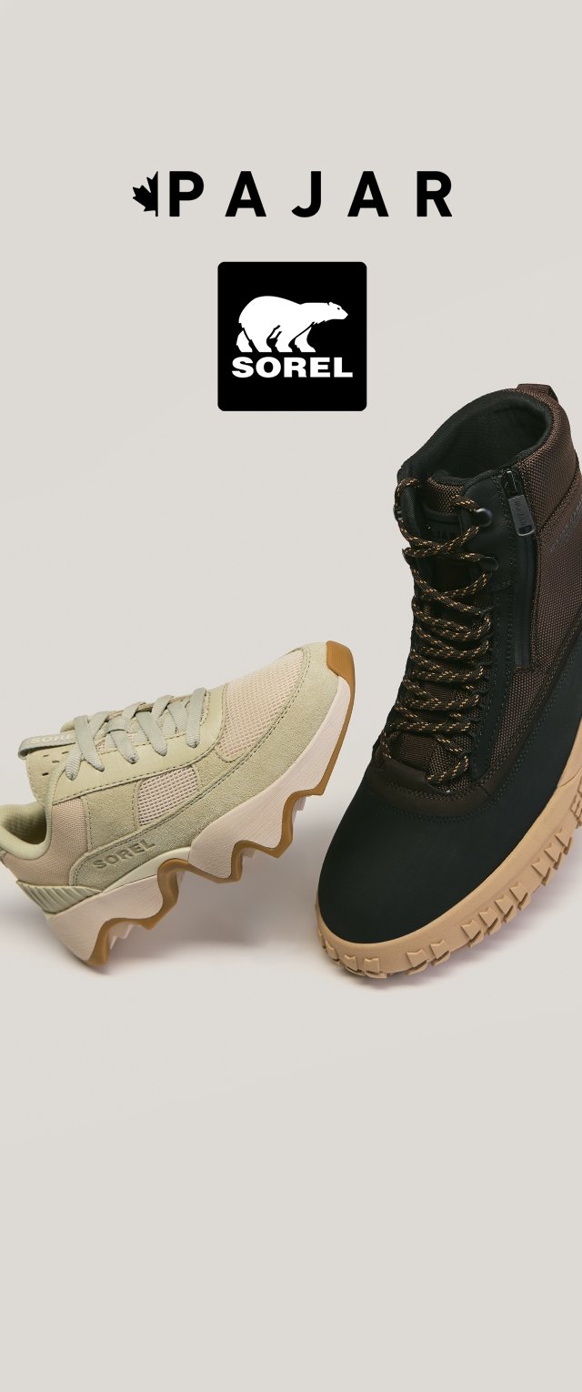 Beiger sportlicher Sneaker und schwarzer Outdoor-Stiefel mit beigefarbenen Sohlen, Marke SOREL, mit Pajar- und Sorel-Logos darüber auf hellem grauem Hintergrund.